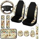 Riakrum 15 Pcs Forest Mushroom Car Seat Cover Daisy Rear Front Seat Protector Steering Wheel Cover Seat Belt Cover Armrest Pad Cup Mat Mushroom Keychain Wrist Strap Car Accessories (Daisy Style)