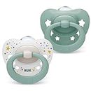 NUK Signature Baby Dummy | 0-6 Months | Soothes 95% of Babies | Heart-Shaped BPA-Free Silicone Soothers | Includes Case | Green Stars | 2 Count