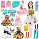 Mini Gifts - Doll Set for Girls, Foldable Doll with 10 Doll Furniture Accessories, 1 Baby Doll, 4 Doll Dresses, 3 Socks & 1 Bag