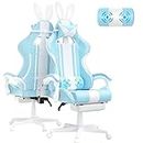 Ferghana Kawaii Light Blue Gaming Chair with Bunny Ears, Ergonomic Cute Gamer Chair with Footrest and Massage, Racing Reclining Leather Computer Game Chair 250lbs for Girls Adults Teens Kids