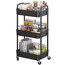 Sywhitta 3-Tier Plastic Rolling Utility Cart with Handle, Multi-Functional Storage Trolley for Office, Living Room, Kitchen, Movable Storage Organizer with Wheels, Black
