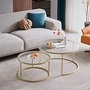 GrandCA HOME Round Coffee Table Set of 2 Nesting Table with Gold Metal Frame, Clear Glass Table Top，End Tables for Living Room,Bedroom,Office,Apartment (Gold)- 60x60/40x40cm