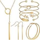 Hicarer Simple Bar Jewelry Set Vertical Bar Necklace Earrings Adjustable Cuff Bracelet for Women (Gold)