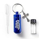 Catholic Holy Water Bottle, Blue Keychain Container Kit with Plastic Eyedropper and Small Glass Vial with Screw Top Metal Keyring Holder with Crucifix Cross Pendant, Botellas Para Agua Bendita