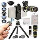 Godefa Cell Phone Camera Lens with Tripod+ Shutter Remote,6 in 1 18x Telephoto Zoom Lens/Wide Angle/Macro/Fisheye/Kaleidoscope/CPL, Clip-On lense Compatible for iPhone X 8 7 6s Plus, Samsung and More