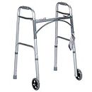 Dynarex Adult Two-Button Folding Walker with Wheels is a Foldable, Walker with Tool-Free Adjustable Height up to 39” & 300 Pound Weight Capacity, Silver, 1 Adult Two-Button Folding Walker with Wheels