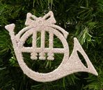 SILVER GLITTER FRENCH HORN MUSICAL INSTRUMENT CHRISTMAS ORNAMENT