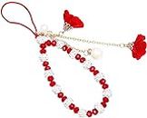 Phone Lanyard Beads Phone Charms, Non- Slip Creative Crystal Flower Phone Strap, Cell Phone Charm Strap Accessory (Red)