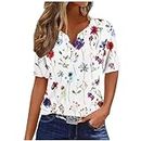 Summer Tops for Women Vacation Trendy Button V Neck Short Sleeve T Shirts Casual Loose Floral Print Comfy Cute Clothes, F05_white, XX-Large