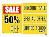 LEPPO Sale Upto 25% I 50% I 70% Off & Discount Sale, Special, Limited Period Self Adhesive Laminated Poster & Stickers Use for Retail Stores, Shops, Malls - Combo Pack YELLOW (50% OFF, 3 Pc Qty)