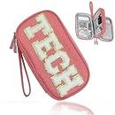 COSHAYSOO Electronic Accessories Organizer Bag Cable Cord Charger Carrying Pouch with Preppy Chenille Letter Patch TECH, Business Travel Gadget Small Storage Case Essential for Women Teen Girl (Pink)
