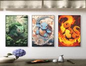 Set of 3 Starter Pokemon Art pieces canvas wall art home decor Portrait Gallery 