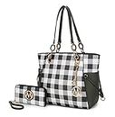 MKF Collection 2-PC Set Tote Satchel Bag for Women & Wristlet Wallet Purse, PU Leather Handbag Pocketbook, Checker Olive, Large