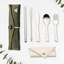 Rusabl Stainless Steel Cutlery Set (Pack of 6), Reusable Travel for Daily Use, Gifting and Traveling, Spoon and Fork Set (Spoon, Fork, Knife, Steel Straw, Cleaner, Napkin and Jute Pouch (Green)