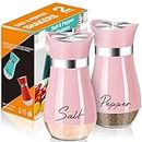 Salt & Pepper Shakers Set, 4oz Glass Base Salt and Pepper Shakers with Stainless Steel Lid for Kitchen Cooking Table RV Camp BBQ Refillable Design (Pink)