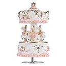 Carousel Music Boxes for Girls 3-Horse Rotating Windup Melody Castle in The Sky Color Change LED Lights Musical Gift for Baby Kids Daughter Birthday Christmas Festival Music Box Artware Pink