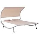Outsunny 79" Outdoor Lounge Chair with Canopy, Double Garden Chaise Lounger Hammock Bed, Relaxing Sleeping Daybed w/Pillow and Wheels, Sand