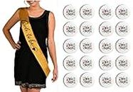 Hubops Bride to be sash with 20 pcs Team Bride pin Badge for Party Decoration Combo Pack (gold bride combo)