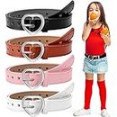 4 Pcs Girls Belt Size 6-12 Kids Pu Leather Waist Belt Hollow Heart Design Metal Buckle for Girl Dress Pants Jeans 4 Colors, Black, White, Khaki, Pink, Suit for Waist Size 26"-30"