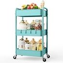 LEHOM 3 Tier Rolling Storage Cart, Metal Trolley Utility Cart with Wheels & Hooks, Easy Assembly Organizer Storage Cart for Bathroom Kitchen Office Bedroom (Blue)