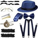 SATINIOR 1920s Old Men Costume Roaring Retro Accessories Set Gangster Hat Bow Tie Pocket Watch Suspender Glass Beard Tie Clip(Dark Blue, Simple Style)