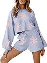 Ekouaer Knit Pajamas Set for Women Lounge Sets Long Puff Sleeve Top and Shorts 2 Piece Outfits Sweatsuit Sweater Sets S-XXL (Floral Blue, Large)