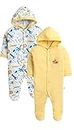 Pooja Baby Front Open Full Sleeves Sleepsuit Hooded with Foot Easy Dressing and Diapering Romper Set of 2 (6-9 Months, Yellow)