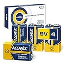 Allmax 9V Maximum Power Alkaline Batteries (4 Count) – Ultra Long-Lasting, 7-Year Shelf Life, Leakproof Design – Perfect for Smoke Detectors & Wireless Microphones (9 Volt)