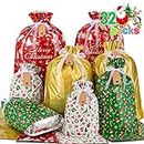 Asoulin Christmas Drawstring Gift Bags with Tags - 32 PCS Stand Up Gift Bags Assorted Sizes Large Medium Small Foil Gift Wrapping Bags for Birthday, Goodies, Xmas Holiday Party Decoration Supplies