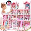 Big Doll House Girl Toys Dream Dollhouse 4-Story 15 Rooms Playhouse with 3 Dolls, Lights, Furniture and Accessories, Pretend Play Toddler Doll Houses for Kids 3 4 5 6 7 8+ Year Old Gift