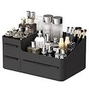 Black Plastic Vanity Makeup Organizer, 6-Compartment Holder for Brushes, Eyeshadow Palettes, & Beauty Supplies, Easy to use with drawer organizer tray