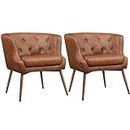 Yaheetech Modern Accent Chair, PU Leather Retro Armchair, Upholstered Barrel Chair with Metal Leg and Comfy Seat Cushion for Living Room Bedroom, Retro Brown, Set of 2