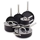 GreenPan Omega Hard Anodized Advanced Healthy Ceramic Nonstick, 11 Piece Cookware Pots and Pans Set with Glass Lids, Anti-Warping Induction Base, Dishwasher Safe, Oven & Broiler Safe, Black