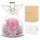 Sacredyna Preserved Flower in Glass Angel Figurines Gifts - Mom Gifts from Daughter/Son Ideal Grandma and Mom Gifts Featuring Mom Birthday & Thanksgiving Day Valentine's Day Mother’s Day - Pink Rose