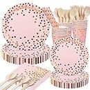 DN DENNOV 168 Piece Disposable Paper Plate Set Pink&Gold,Party Crockery Plate Napkin Cups With Straws Spoon Fork For Birthday Wedding Decorations