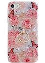 Qokey Compatible with iPhone SE Case 2022/2020,iPhone 8/ 7 Case 4.7 inch Flower Cute Fashion Cover for Women Girl 360 Degree Rotating Ring Kickstand Soft TPU Shockproof Rose Butterfly
