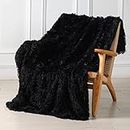 Decorative Extra Soft Faux Fur Throw Blanket 50" x 60",Reversible Fuzzy Lightweight Long Hair Shaggy Throw Blankets, Fluffy Cozy Plush Fleece Comfy Microfiber Fur Blanket for Couch Sofa Bed, Black