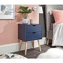 KING WOOD ENTERPRISES Wooden Side End Table with 2 Drawer for Bedroom, Living Room, Office | Nightstand, Mid-Century Modern Storage Cabinet for Living Room Furniture (Blue)