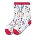 K. Bell Socks Women's Fun Sports and Outdoors Novelty Crew Socks, Colorful Bikes (White), Shoe Size: 4-10