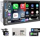 PLZ Wireless Double Din Car Stereo Apple Car Play Radio, Bluetooth 5.3, Audio Receivers, 7" Carplay Android Auto Touch Screen, 4.2 Channel Voice Outputs, 240W, Subwoofers, Backup Camera, SWC FM/AM