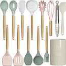 oannao Silicone Cooking Utensils Set - 446°F Heat Resistant Kitchen for Cooking,Kitchen Utensil Spatula w Wooden Handles & Holder, BPA FREE Gadgets Non-Stick Cookware (Colorful)