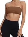 MISSACTIVER Women's Padded Strapless Bandeau Sport Bra Solid Sleeveless Wireless Support Bralette Crop Tube Top Yoga Fitness, Brown, Small