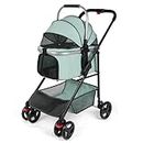 KEEZUMY Dog Stroller for Small Medium Dogs, 3-in-1 Versatile 4 Wheel Pet Stroller with Detachable Travel Folding Carrier and Car Seat, Basket, Brake, Secure Clasp Storage Pouch, Leash (Blue-Green)
