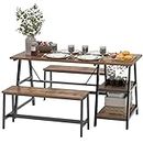 SogesPower 55inch 3-Piece Dining Table Set, Breakfast Table with 2 Benches, 4-Person Space-Saving Table Set for Kitchen Dining Room Living Room Restaurant, Vintage Brown