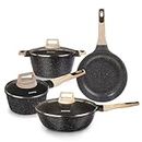 AGARO Imperial Granite Non Stick Cookware Set with Glass Lid, 4pcs Set, 24cm Fry Pan, 16cm Saucepan, 24cm Sauce Pot, 28cm Biryani Pot, Cast Aluminium Body, Gas & Induction Compatible, Dark Grey