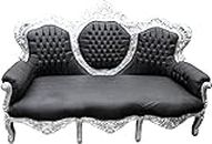 Casa Padrino Baroque Sofa King Black Leather Look/Silver - Living Room Furniture Coffee Lounge