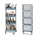 DTK 4 Tier Foldable Rolling Cart, Metal Utility Cart with Lockable Wheels, Folding Storage Trolley for Living Room, Kitchen, Bathroom, Bedroom and Office, Blue