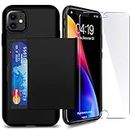 SUPBEC iPhone 11 Case with Card Holder and[ Screen Protector Tempered Glass x2Pack] i Phone Wallet Case Cover with Shockproof Silicone TPU + Anti-Scratch Hard PC - Full Protective-2019-6.1-Black