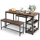 COSTWAY Dining Table Set with 2 Benches, Kitchen Table and Benches with Glass Holder, Wine Rack & Storage Shelf, 3 PCS Space-Saving Breakfast Dinette Table Furniture Set for 4 People