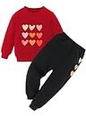 BOMDEALS Cute Toddler Girls Sweatsuit - Casual Heart Print Child Clothes, Long Sweatshirt and Sweatpants Outfit(Red,90,1203b)